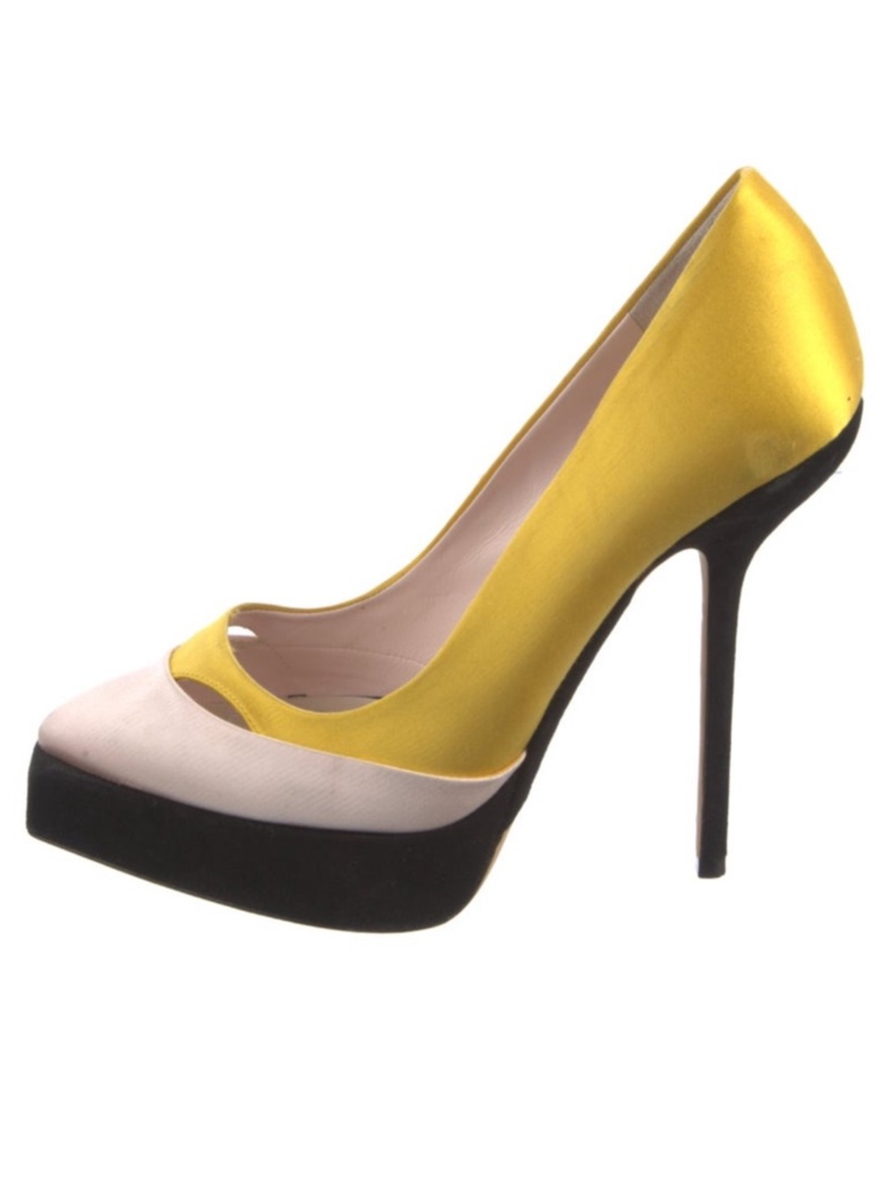 Dior Tricolor Satin Platform Pumps in Yellow, White, & Black - Picture 2 of 6